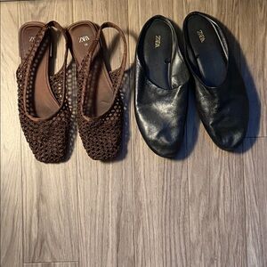 Two Zara Shoes - Zara Black Leather Clogs and Brown Crochet Flats